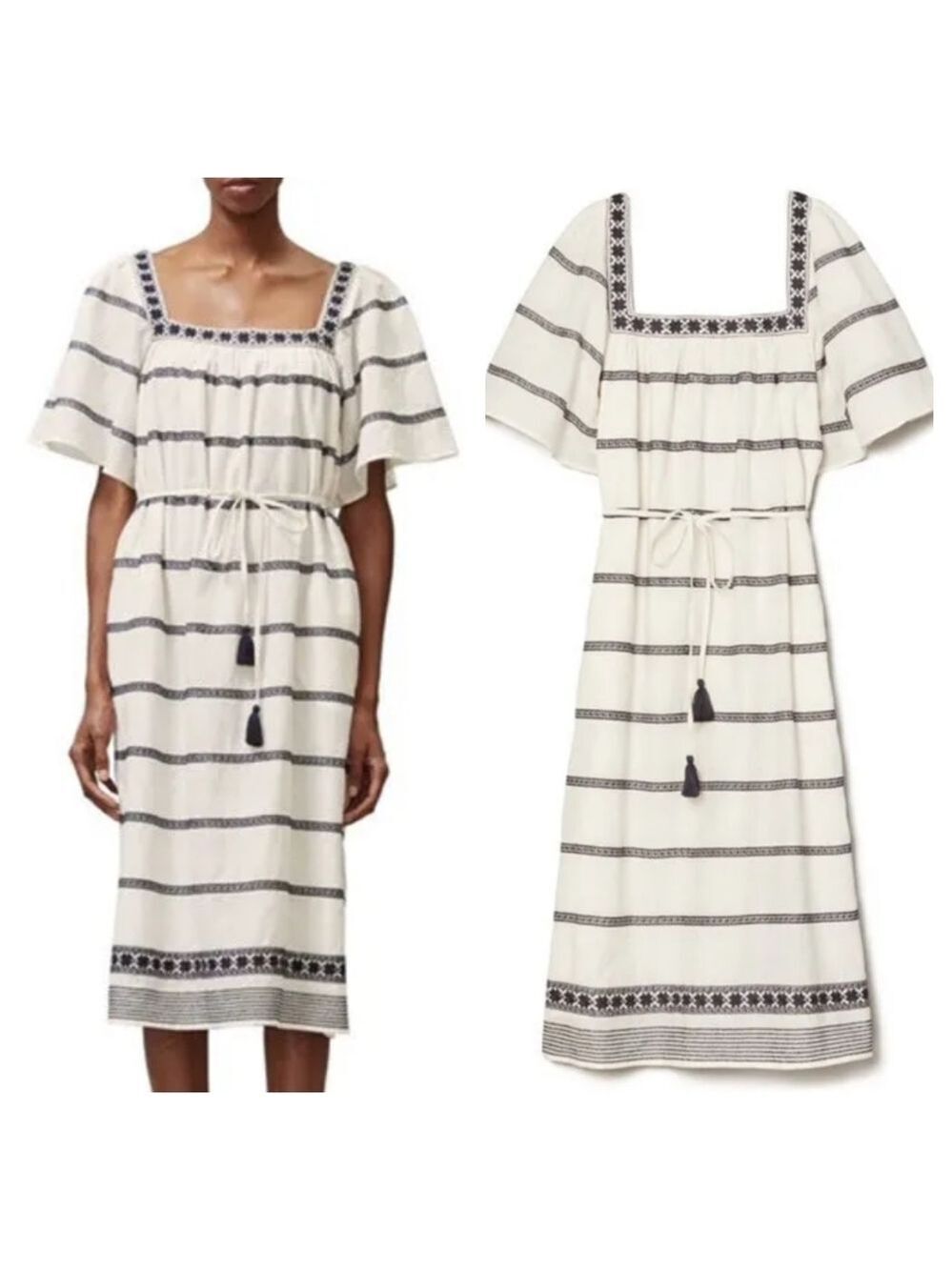 Tory Burch Linen Embroidered Belted Tassel Boho Dress
